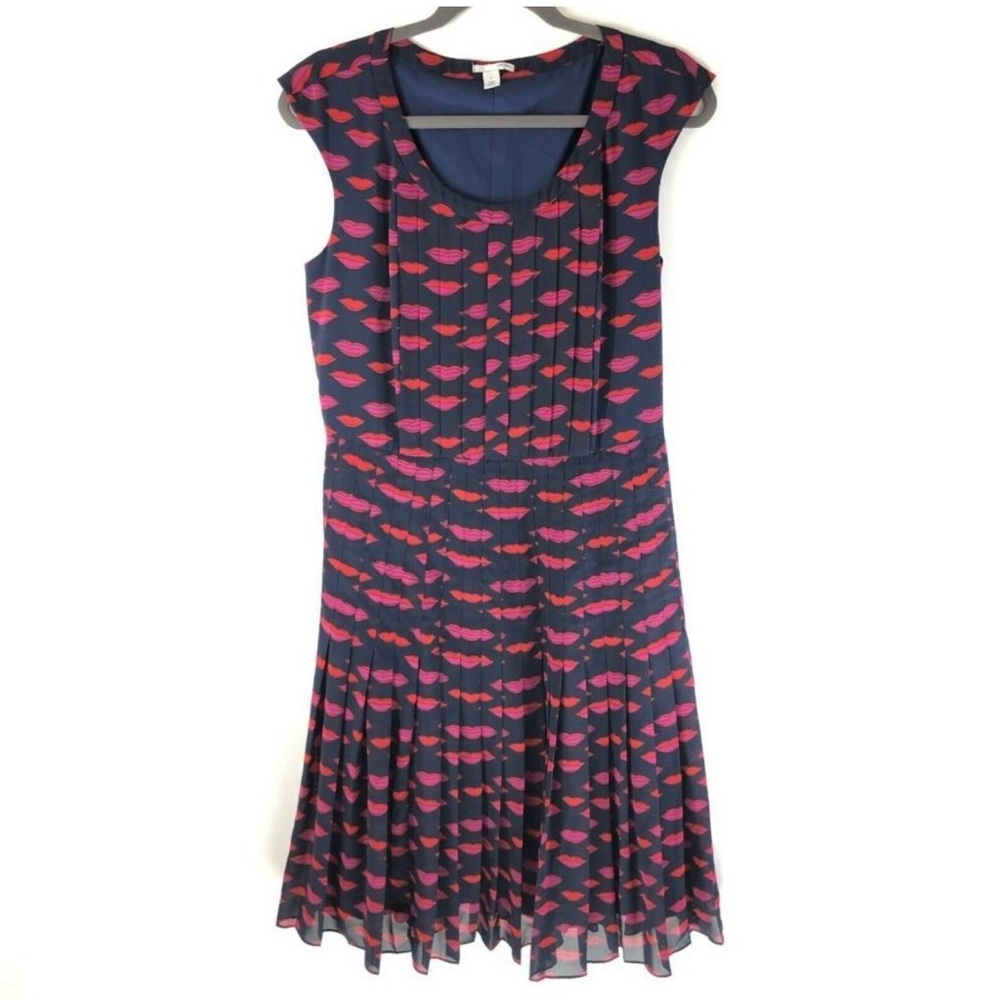 Halogen Dress A Line Pleated Cap Sleeve Novelty Lips Navy Blue Pink Red Size 8